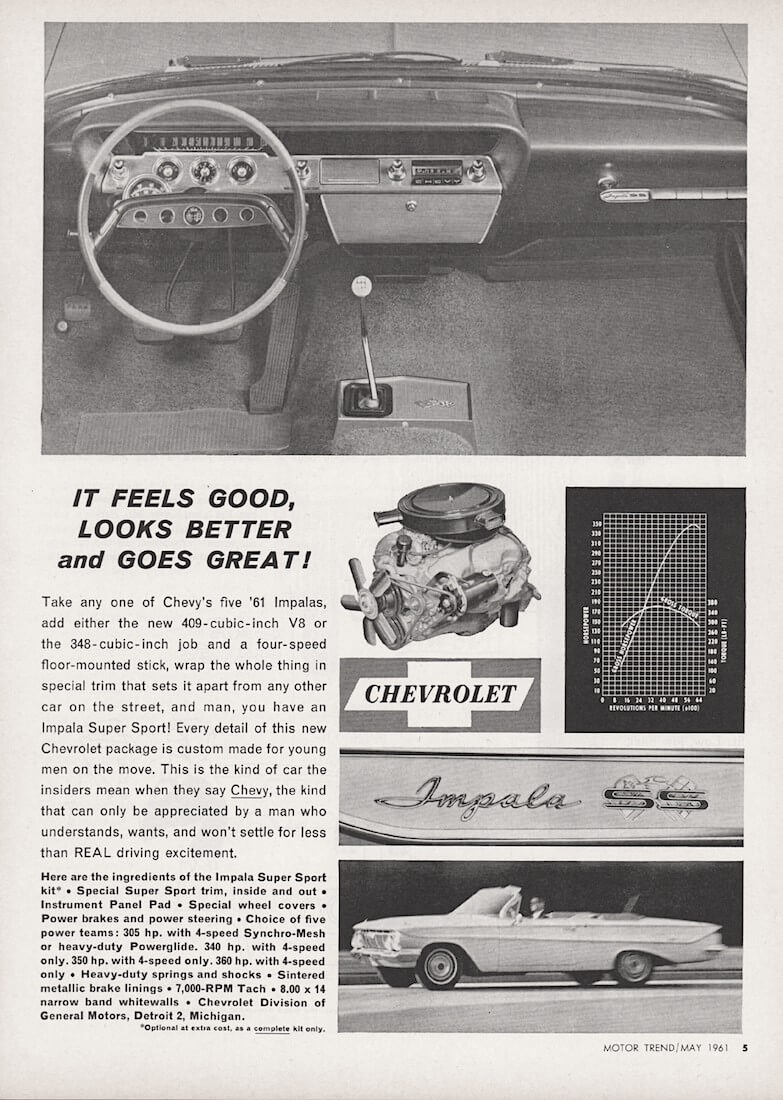 Chevrolet Imapala Super Sportin mainos Motor Trend lehdessä toukokuussa 1961. Kuva: Sensei Alan, lisenssi: CCBY20.