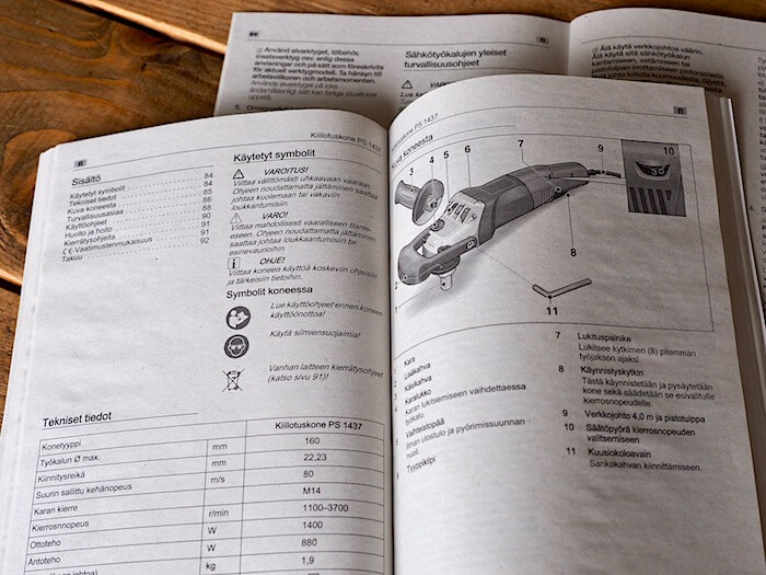 Mirka PS 1437 kiillotuskoneen suomenkielinen käyttöohjekirja. Tekijä: Kai Lappalainen. Lisenssi: CC-BY-40.