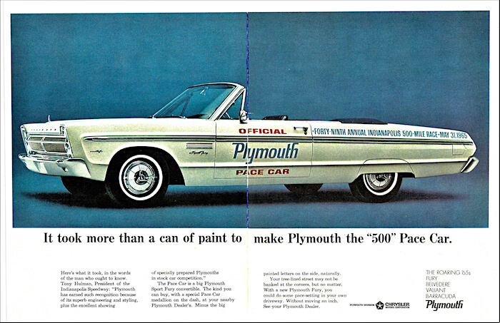 1965 Plymouth Fury Sport Indy virallinen turva-auto. Kuva: Alden Jewell. Lisenssi: CCBY20.