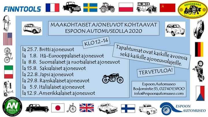 Maakohtaiset ajoneuvot kohtaavat Espoon automuseolla