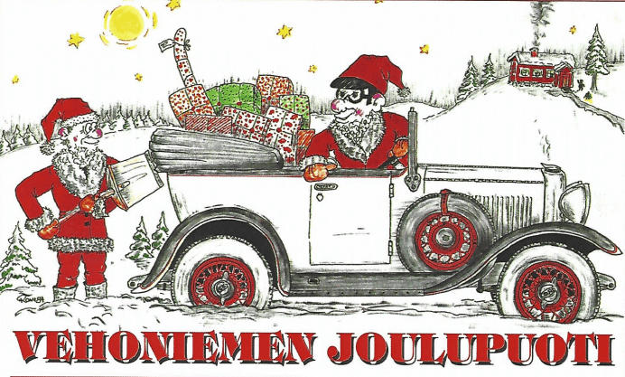 Vehoniemen automuseon motoristien joulupuuron mainos. Kuva: Vehoniemen automuseo.