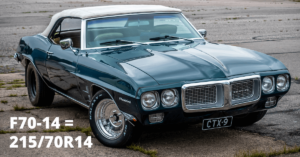 1969 Pontiac Firebird avoauto ja rengaskokomerkintä