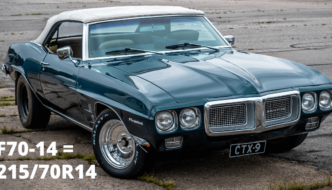 1969 Pontiac Firebird avoauto ja rengaskokomerkintä