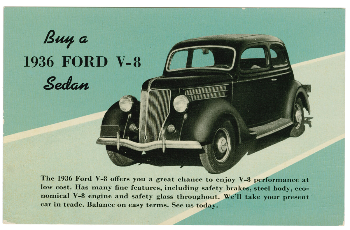 Ford V8 mainoskortti vuodelta 1936, PD.