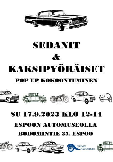 Sedanit ja kaksipyöräiset Espoon automuseolla